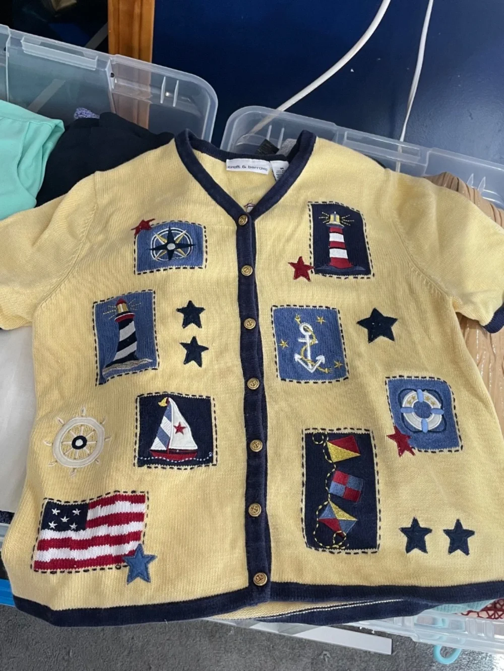 Lighthouse Embroidered Patch Cardigan M Nautical Sailor Anchor Patriotic Stars